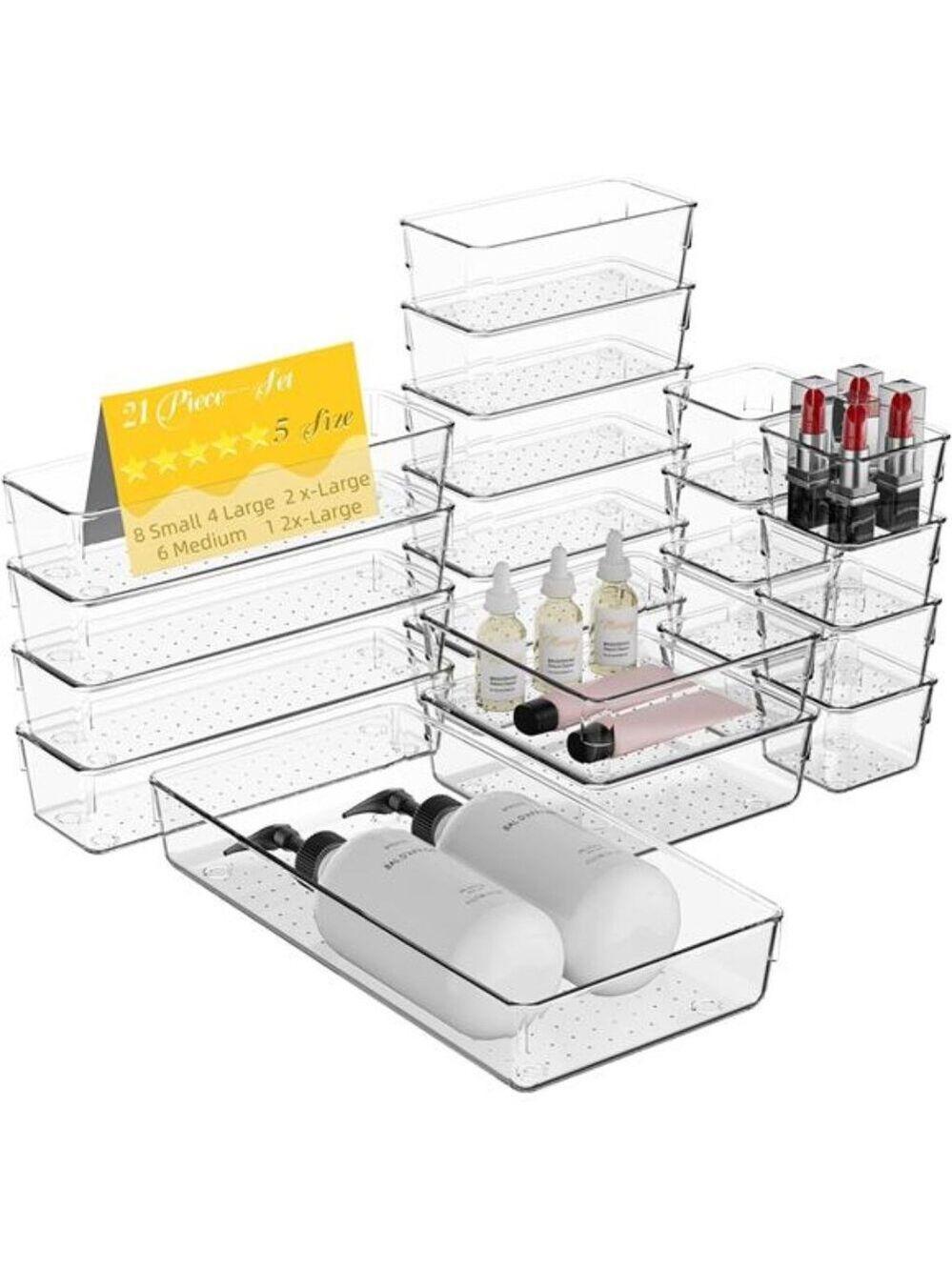 Clear Drawer Organizer Set 21 PCS Acrylic Storage Bins Non Slip for Makeup Jewel